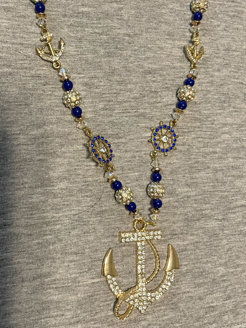 Gold-Tone Anchor Pendant Necklace with Clear Rhinestone Royal Blue Beads